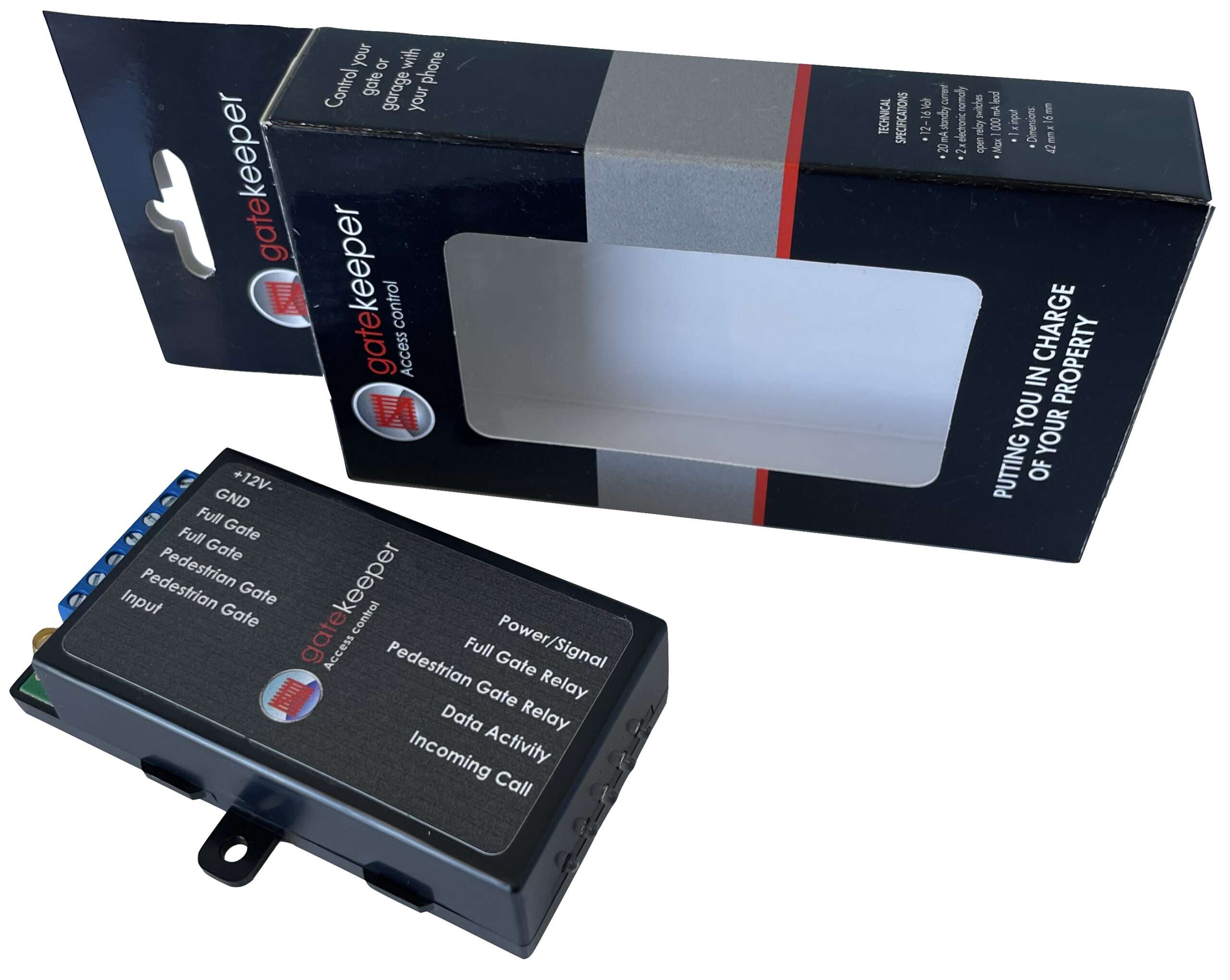 a black box with a blue and red label
